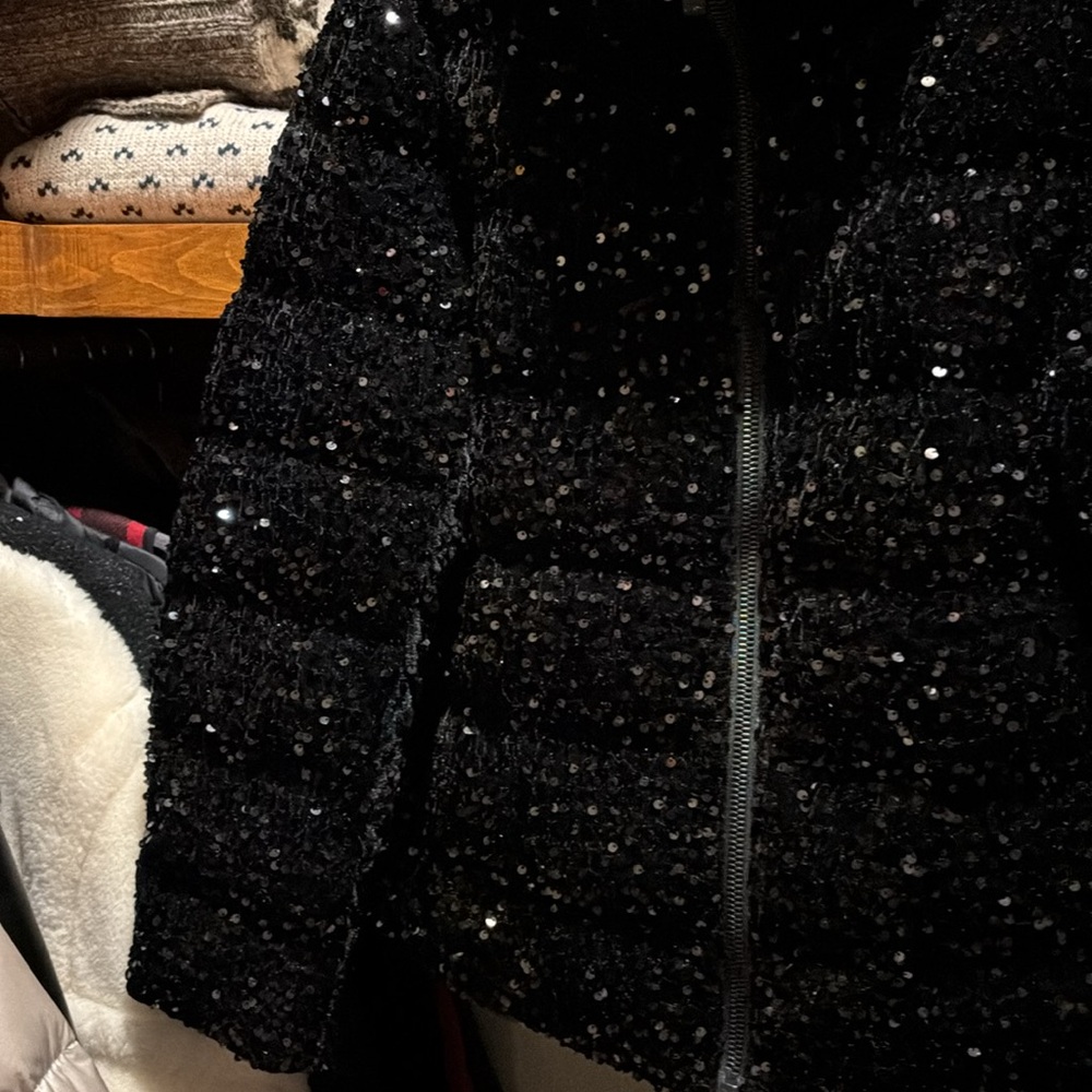 Black Sequin Puffer Jacket - Picture 3 of 4
